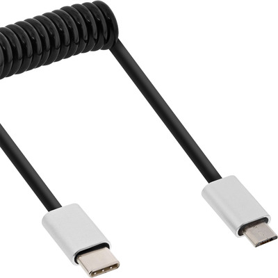 InLine® USB 2.0 Spiralkabel, USB-C ST an Micro-B ST, schwarz/Alu, flexibel, 2m