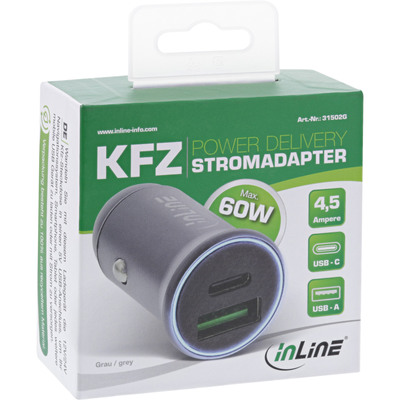 InLine® USB KFZ Stromadapter PD, 12/24V USB-A + USB-C, max. 60W, grau (Produktbild 3)