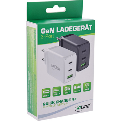 InLine® USB PD Netzteil, GaN Ladegerät, 3-Port, Dual USB-C+USB-A, 65W, weiß (Produktbild 2)