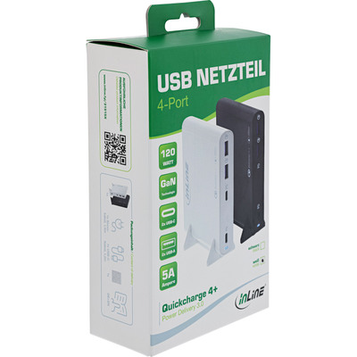 InLine® USB Netzteil, GaN Ladegerät, 4-Port, 2x USB-C + 2x USB-A, 120W, weiß (Produktbild 3)