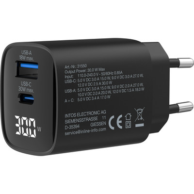 InLine® USB PD Netzteil, GaN Ladegerät, 2-Port, USB-C + USB-A, 30W, mit Display (Produktbild 2)