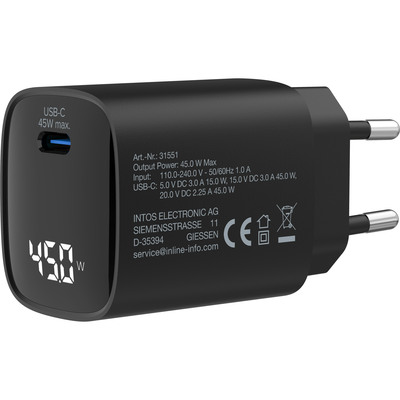 InLine® USB PD Netzteil, GaN Ladegerät, 1-Port, USB-C, 45W, mit Display (Produktbild 2)