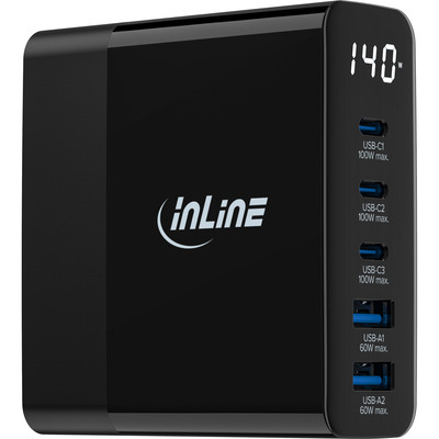 InLine® USB PD Netzteil, GaN Ladegerät, 5-Port, USB-C + USB-A, 140W, mit Display (Produktbild 3)