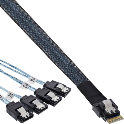 InLine® Slim SAS Kabel, SFF-8654 4i zu 4x SATA 7-pin, 12Gb/s, 0,5m (Produktbild 1)