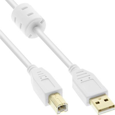 InLine® USB 2.0 Kabel, A an B, weiß / gold, mit Ferritkern, 2m (Produktbild 1)