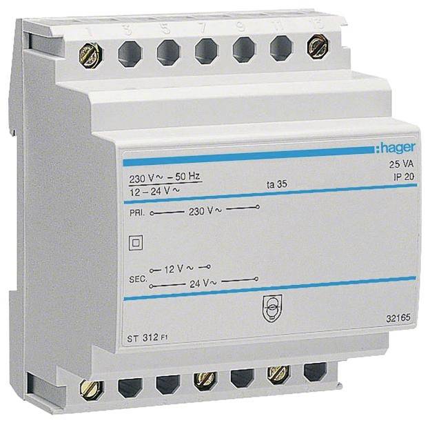 Hager Sicherheitstrafo 230V/12V ST312 u.24V 25VA 4PLE