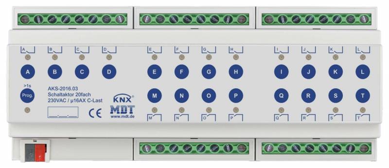 4251916130374 - Schaltaktor knx reg 12TE 20Ausg 16A 230V Bussystem knx 2500W AKS-201603 - Mdt Technologies