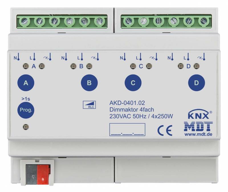 MDT AKD-0401.02 Dimmaktor 4fach 8TE REG 250W 230VAC m.Wirkleistungsmessung