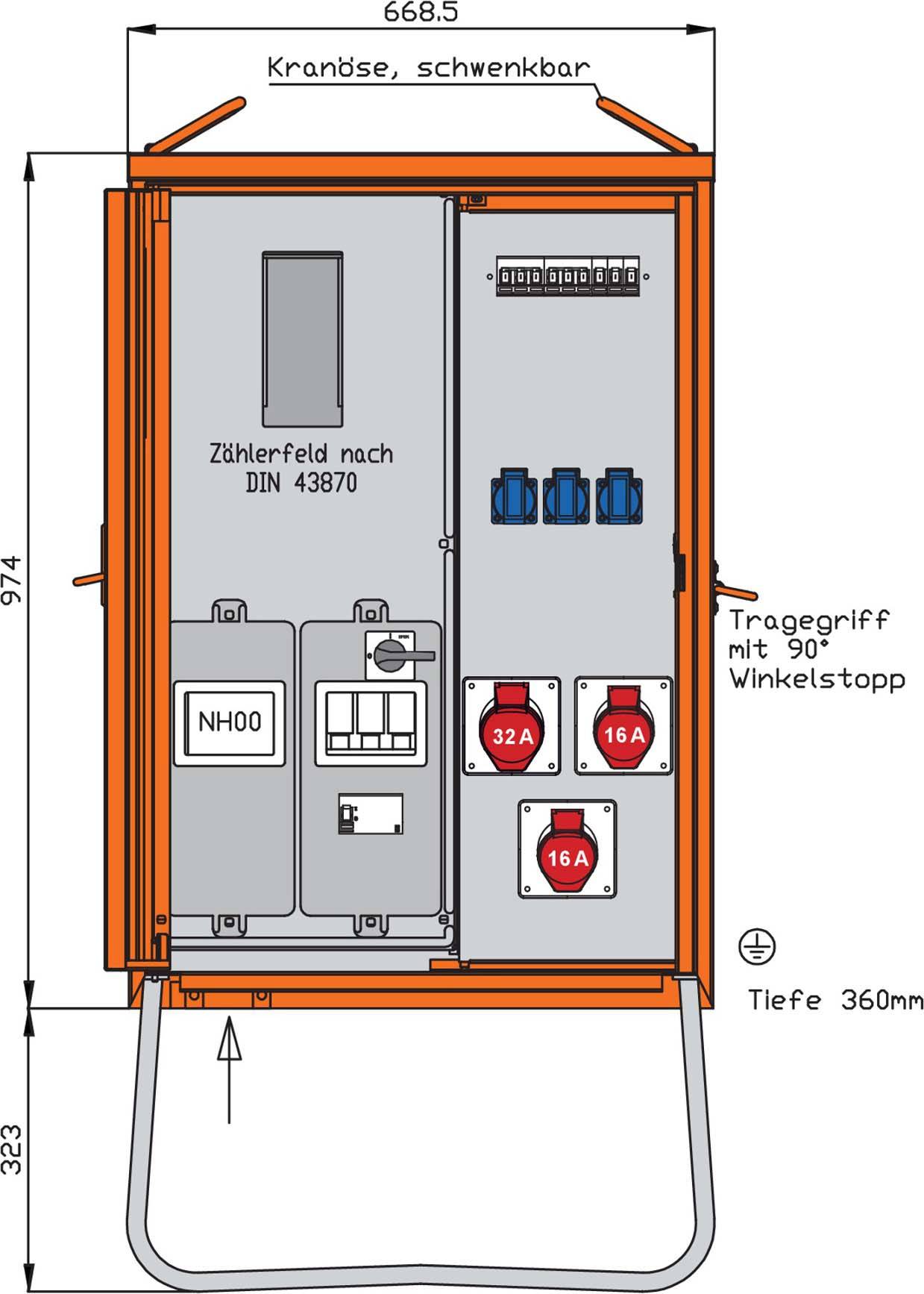 Walther Anschlussverteiler WAV0100R1 22kVA Zählerpl.RCD Typ B 5 LS 3 CEE-Abg