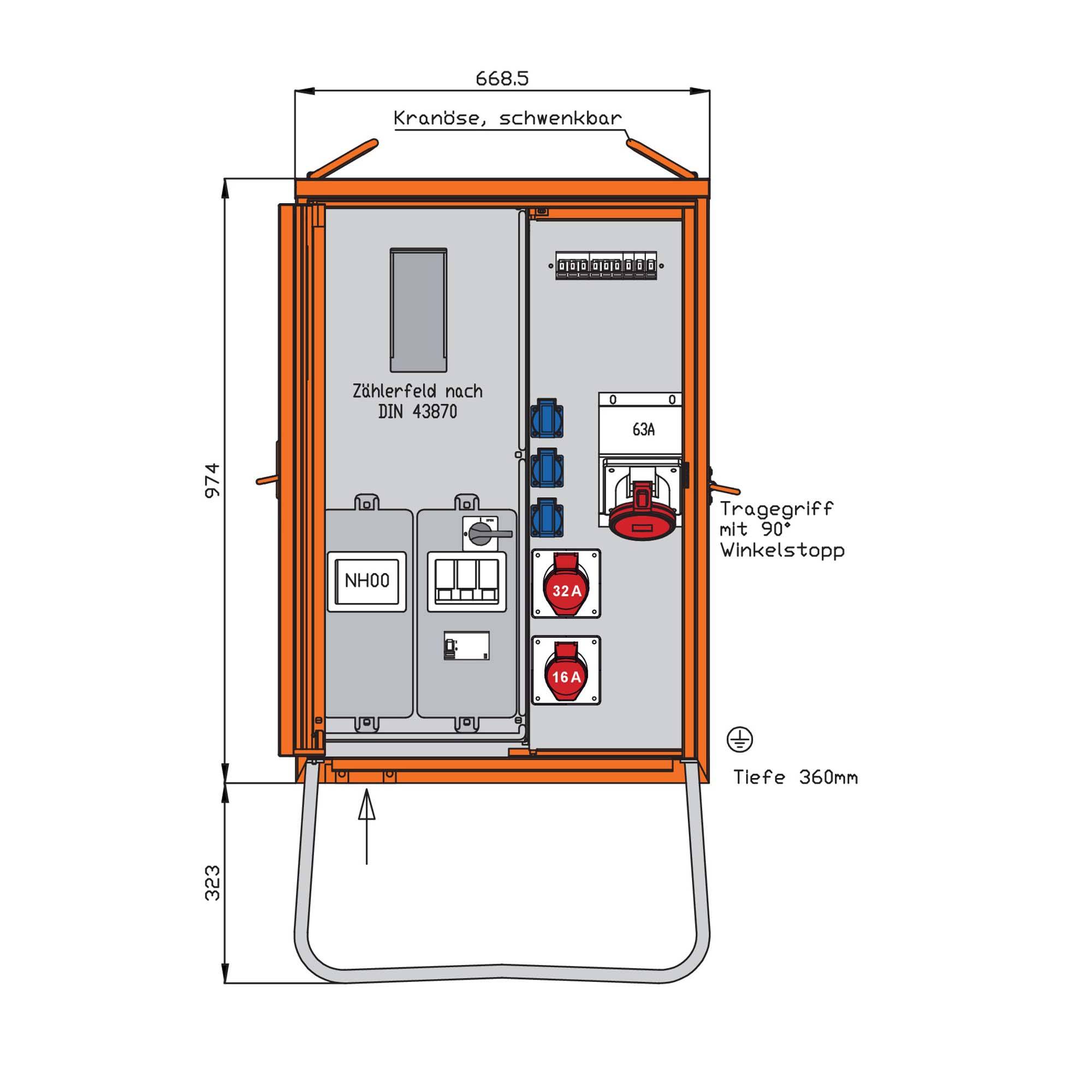 Walther Anschlussverteiler WAV0160R1 44kVA Zählerpl.RCD Typ B 5 LS 3 CEE-Abg