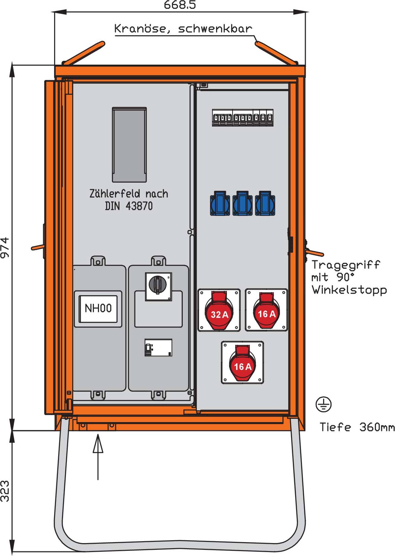 Walther Anschl.vert.schrank WAV0100BR1 24kVA Zählerpl.RCD Typ B 5 LS 3 CEE-Abg