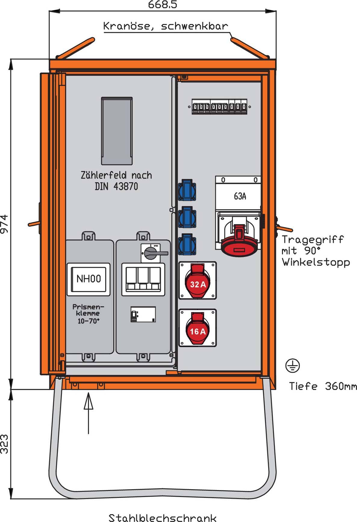 Walther Anschl.vert.schrank WAV0160BR1 44kVA Zählerpl.RCD Typ B 5 LS 3 CEE-Abg