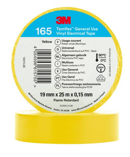 3M Temflex 19mmx25m Gelb 165YL6E Vinyl-Isolierband 0,15mm 7100184819