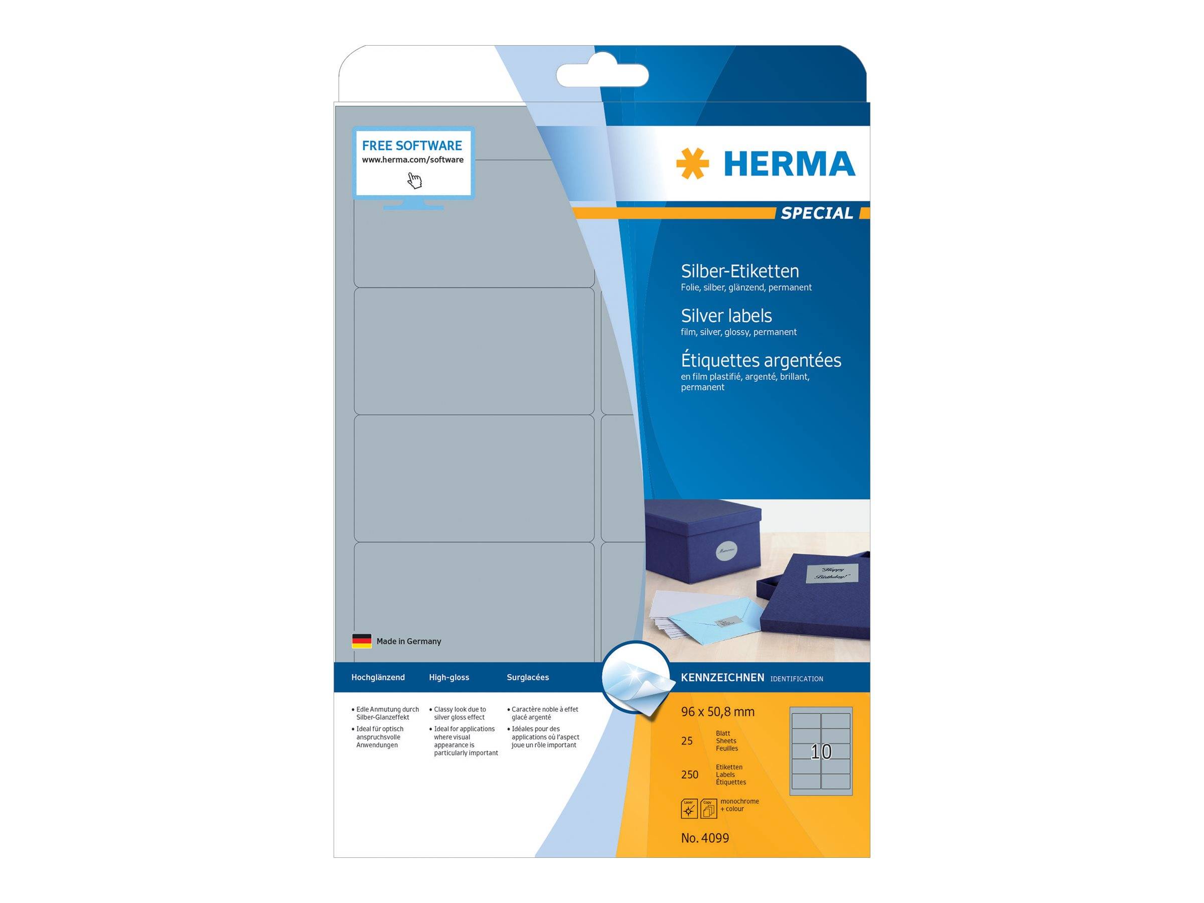 HERMA Etiketten A4 silber 96x50,8 mm Folie glänz. 250 St. - 4099