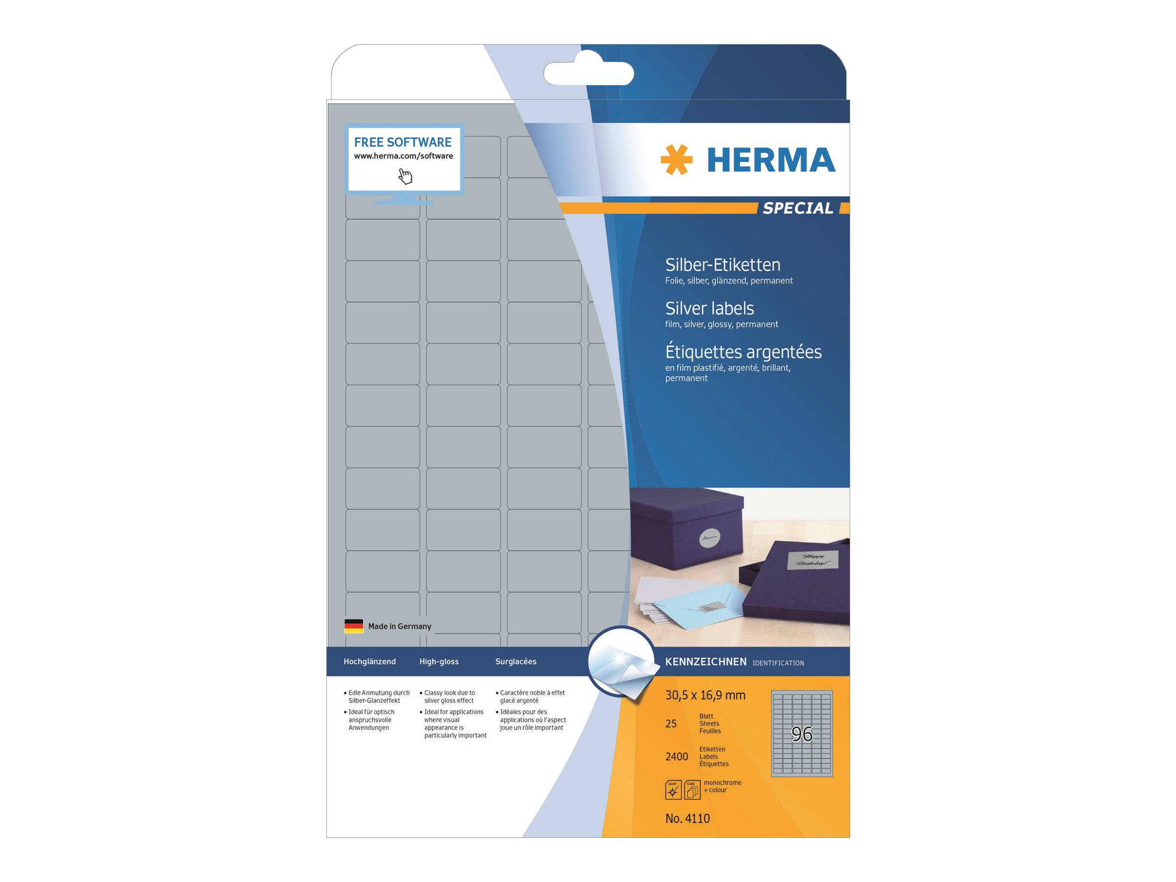 HERMA Etiketten A4 silber 30,5x16,9 mm Folie glänz. 2400 St. - 4110