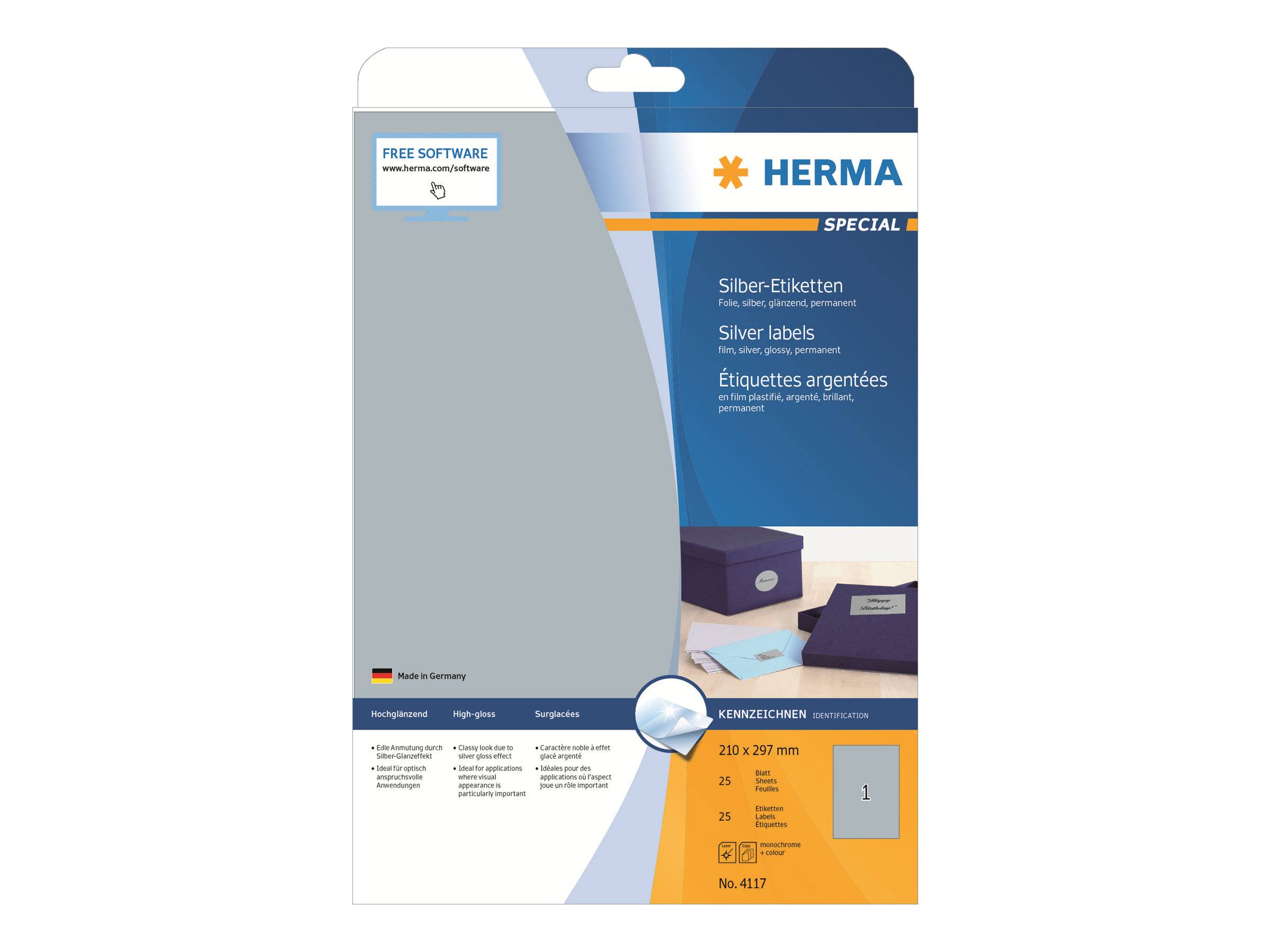 HERMA Etiketten A4 silber 210x297 mm Folie glänz. 25 St. - 4117