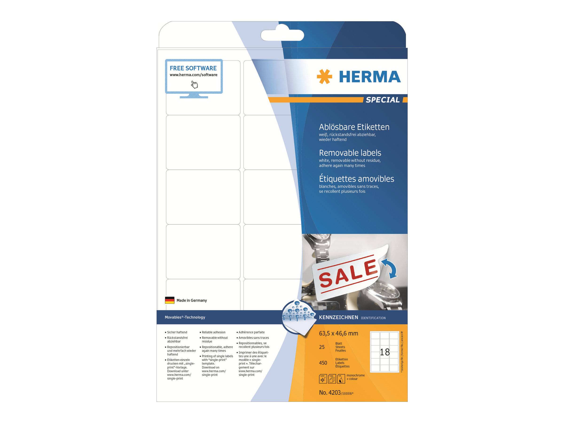 HERMA Etiketten A4 weiß 63,5x46,6 mm ablösbar Papier 450 St. - 4203