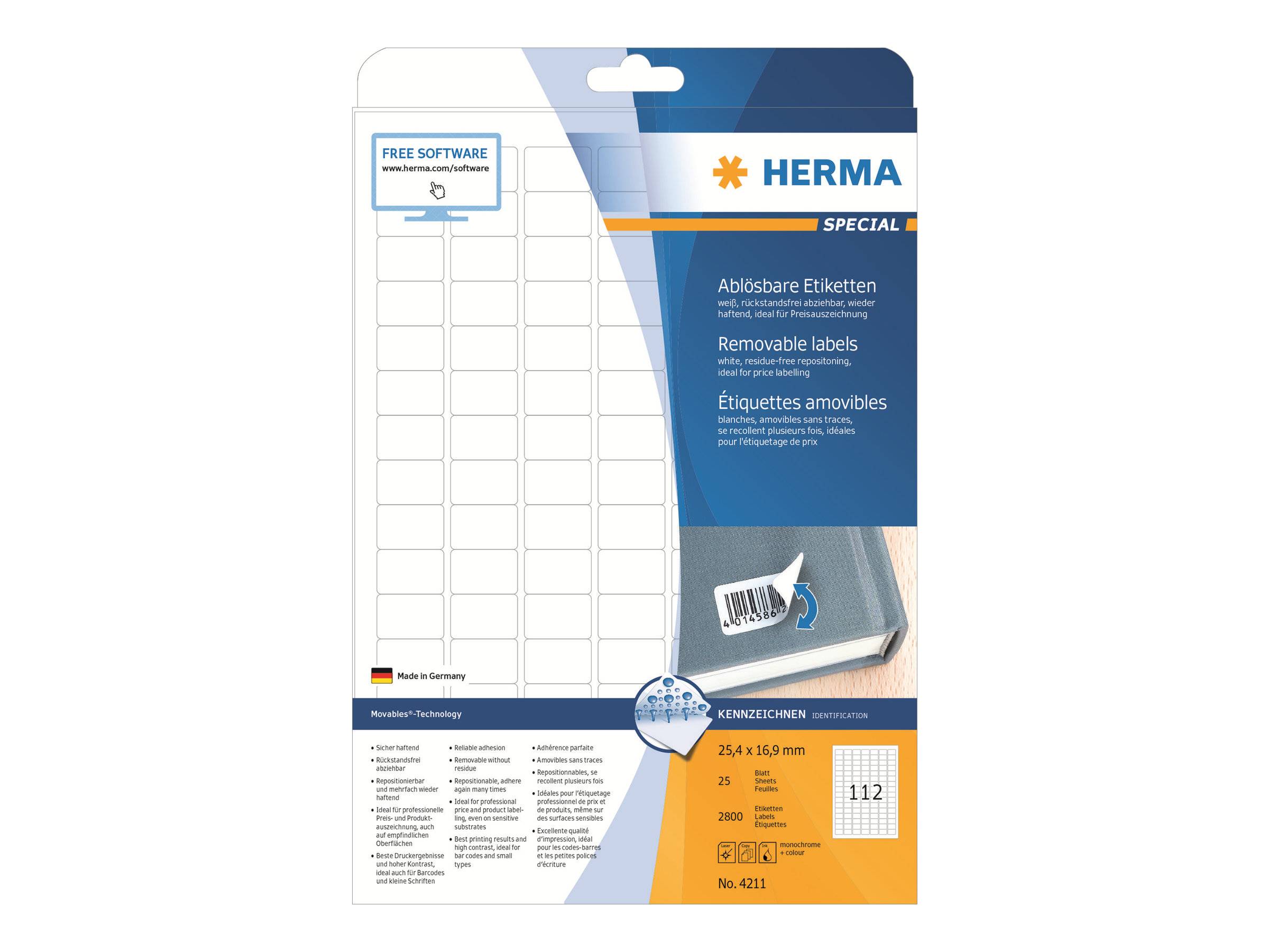 HERMA Etiketten A4 weiß 25,4x16,9 mm ablösb. Papier 2800 St. - 4211