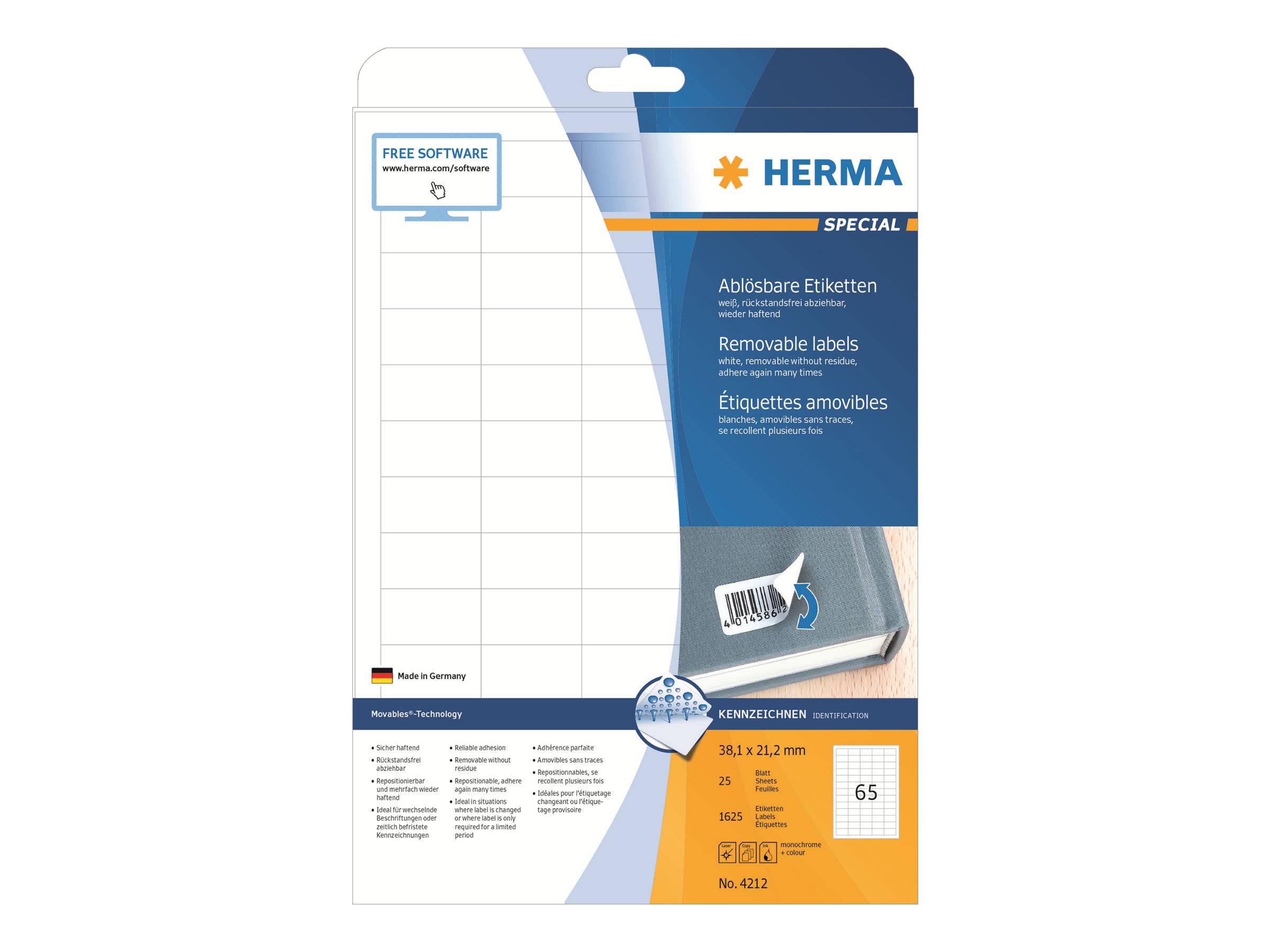 HERMA Etiketten A4 weiß 38,1x21,2 mm ablösb. Papier 1625 St. - 4212