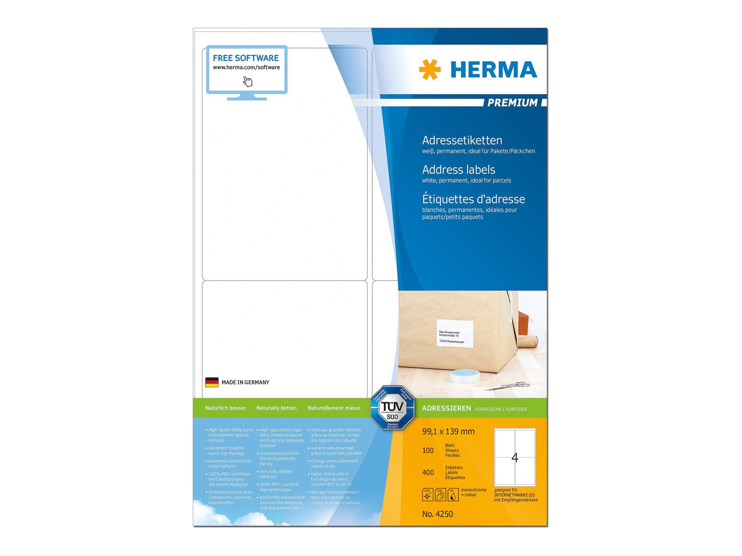 HERMA Adressetiketten A4 weiß 99,1x139 mm Papier 400 St. - 4250