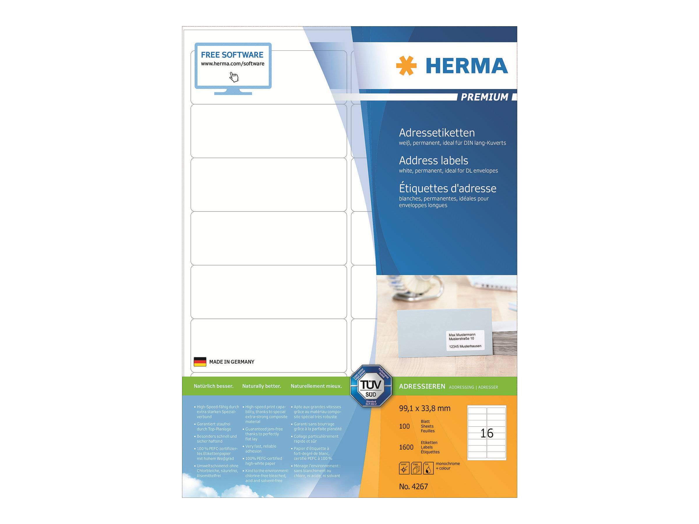 HERMA Adressetiketten A4 weiß 99,1x33,8 mm Papier 1600 St. - 4267