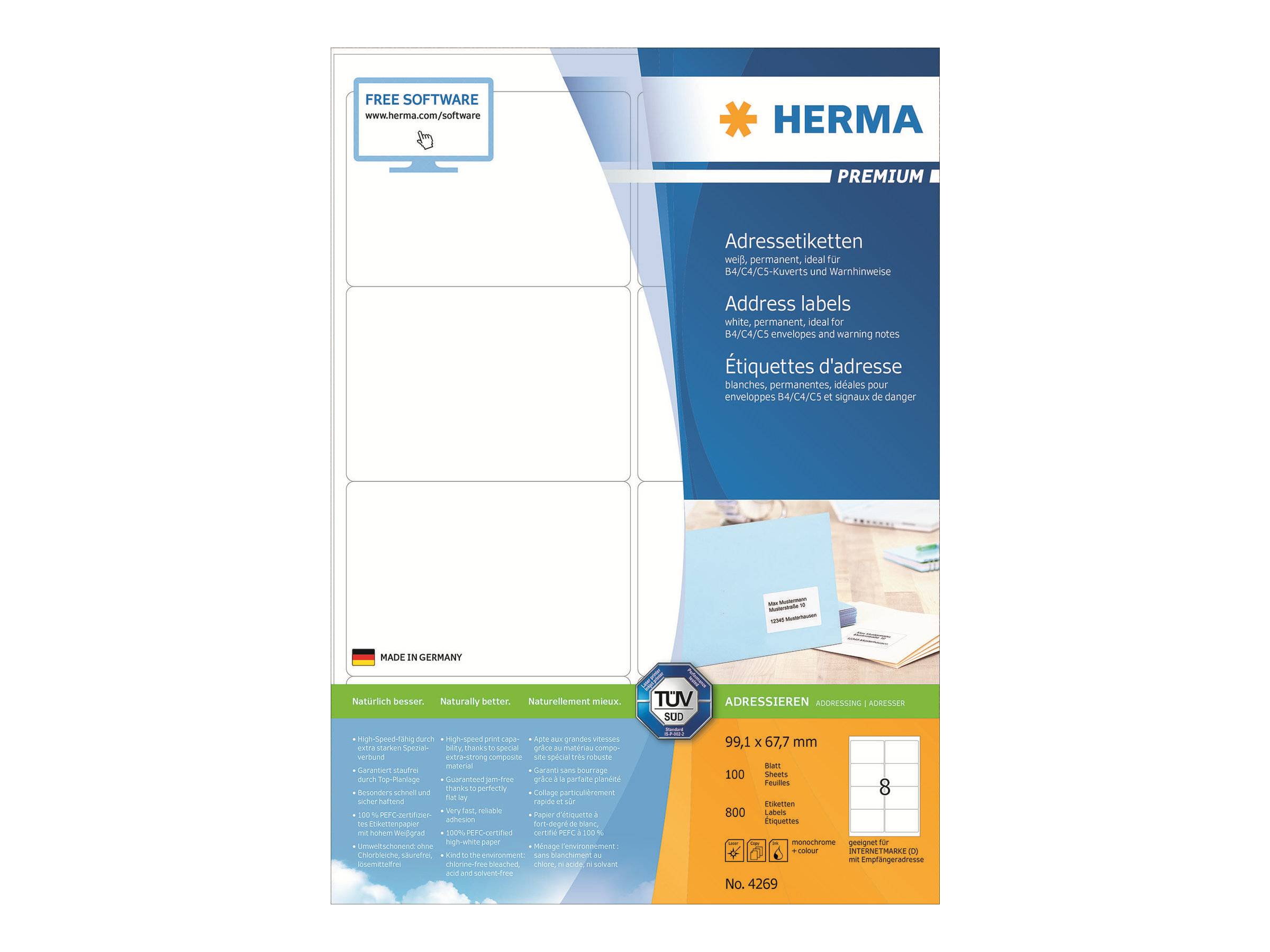 HERMA Adressetiketten A4 weiß 99,1x67,7 mm Papier 800 St. - 4269