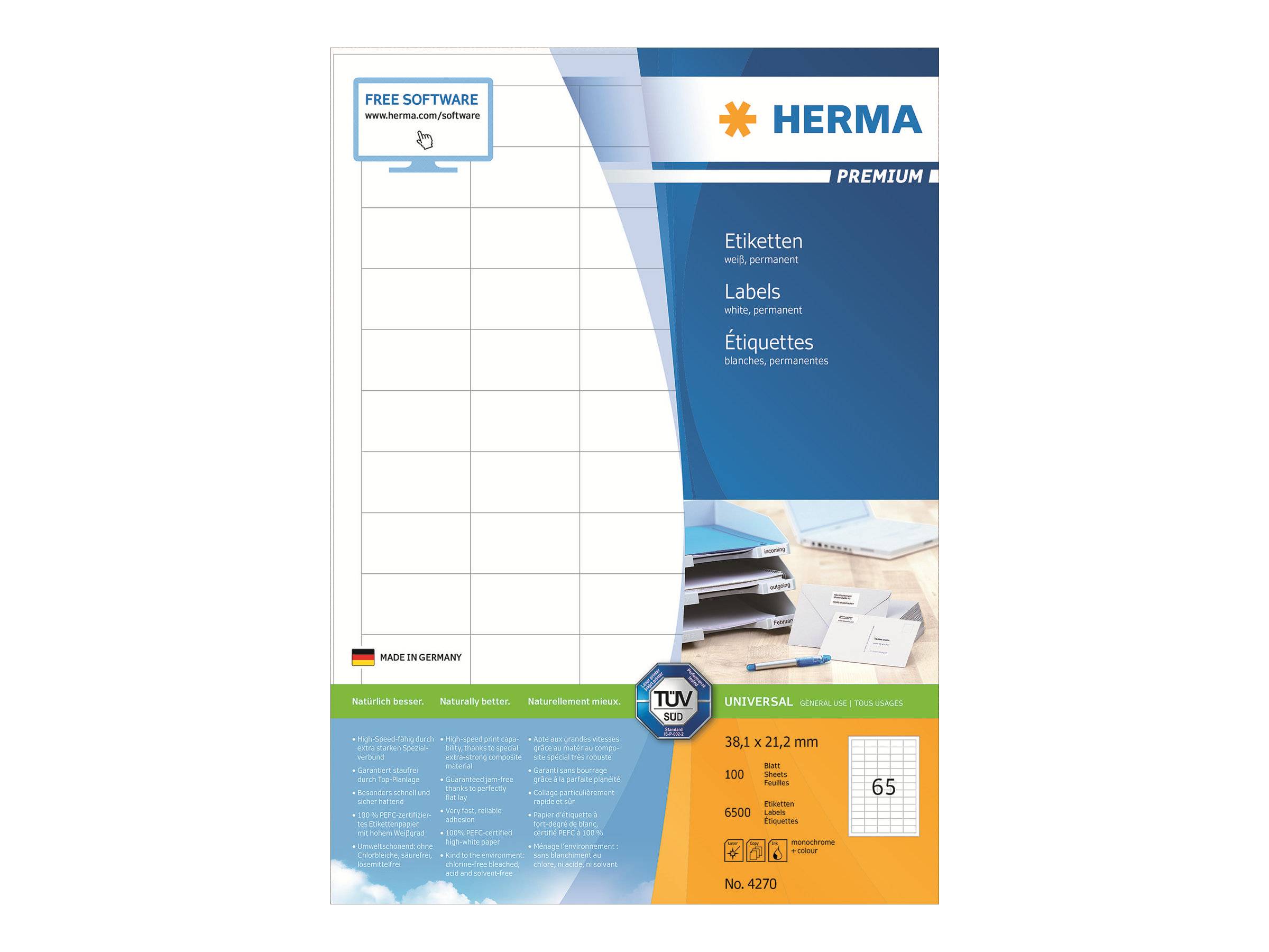 HERMA Etiketten A4 weiß 38,1x21,2 mm Papier 6500 St. - 4270