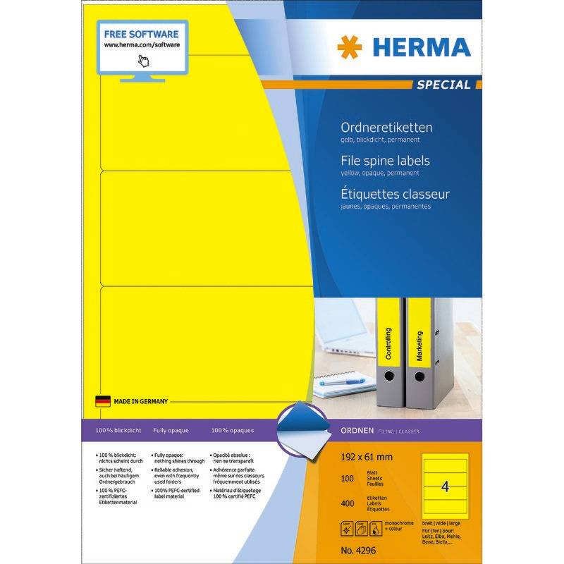 HERMA Ordneretiketten A4 gelb 192x61 mm Papier opak 400 St. - 4296