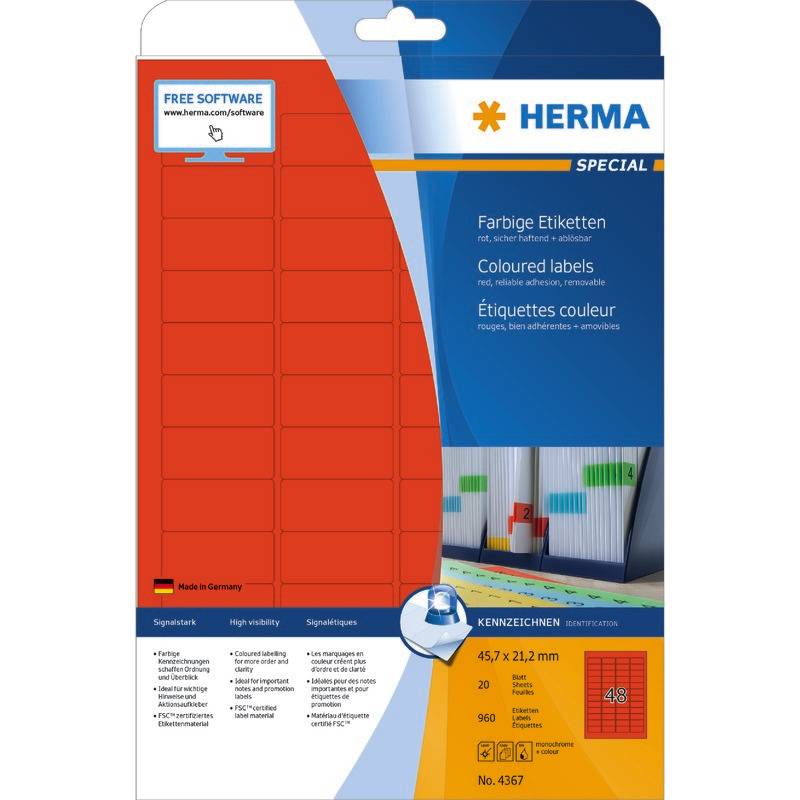 HERMA Etiketten A4 rot 45,7x21,2 mm Papier matt 960 St. - 4367