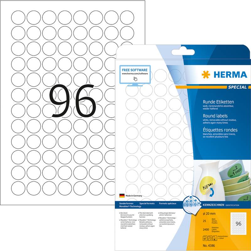 HERMA Etiketten A4 weiß 20 mm rund ablösb. Papier 2400 St. - 4386