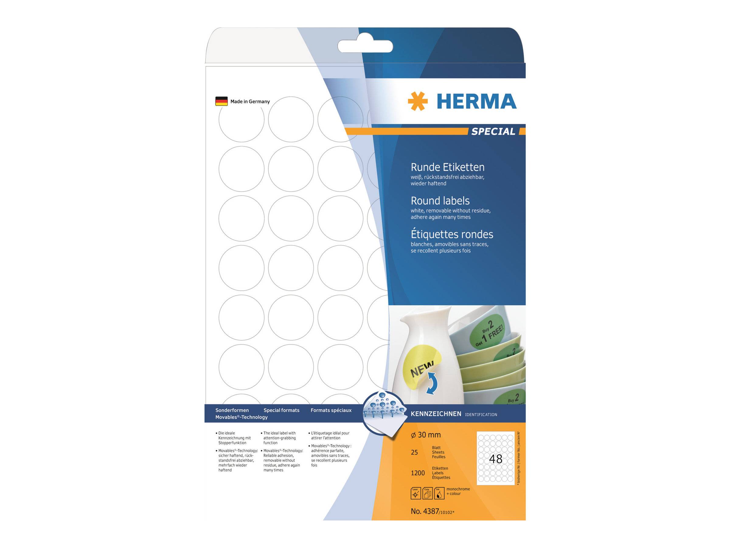 HERMA Etiketten A4 weiß 30 mm rund ablösb. Papier 1200 St. - 4387