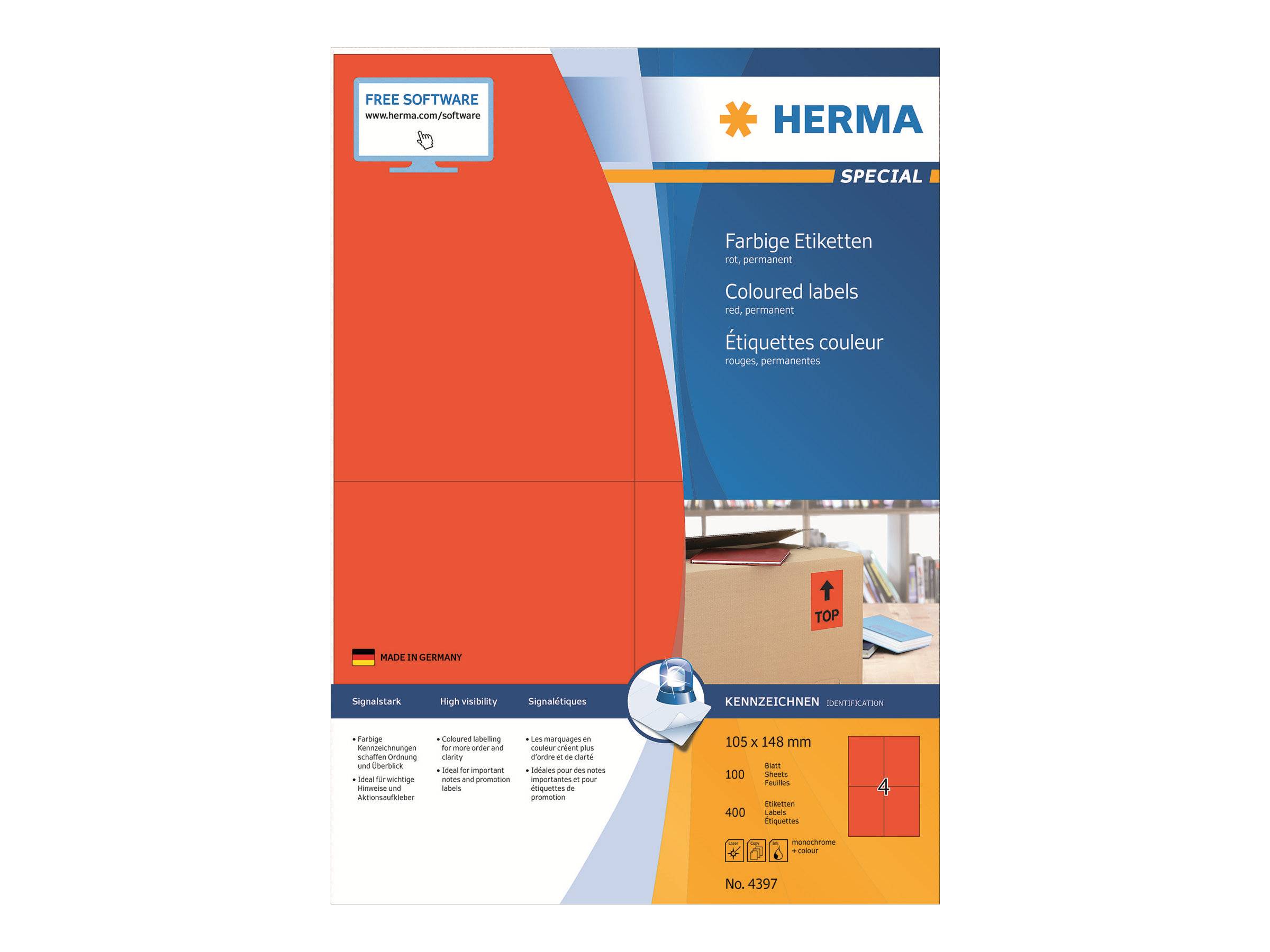 HERMA Etiketten A4 rot 105x148 mm Papier matt 400 St. - 4397