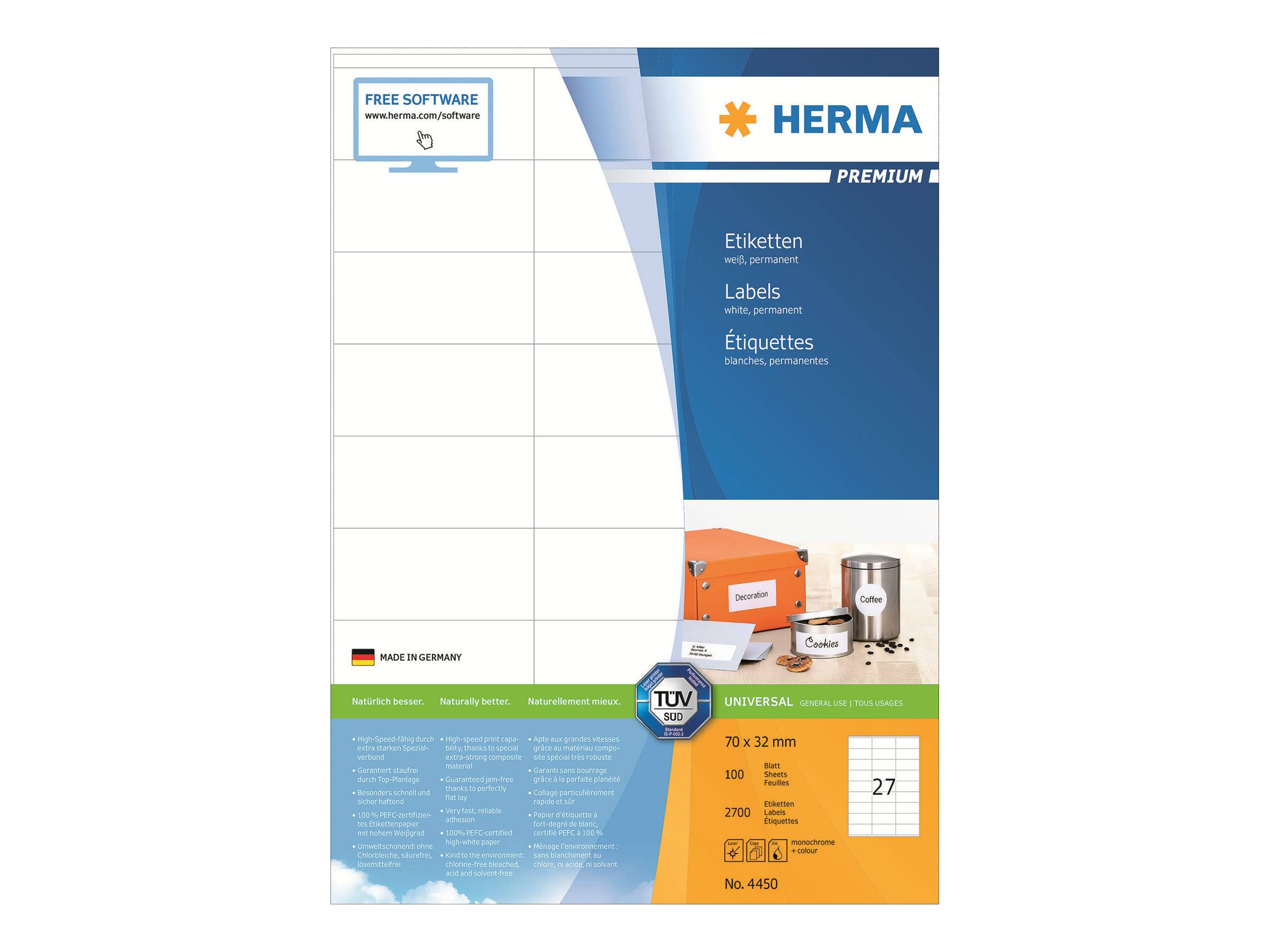 HERMA Etiketten Premium A4 weiß 70x32 mm Papier 2700 St. - 4450