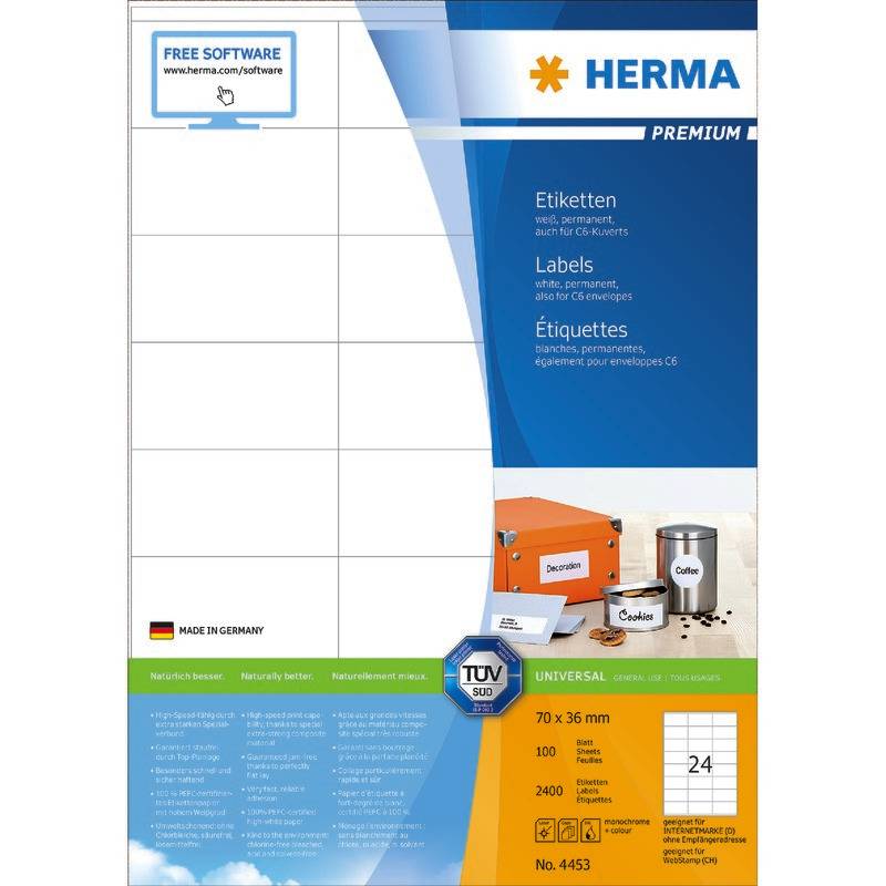 HERMA Etiketten Premium A4 weiß 70x36 mm Papier 2400 St. - 4453