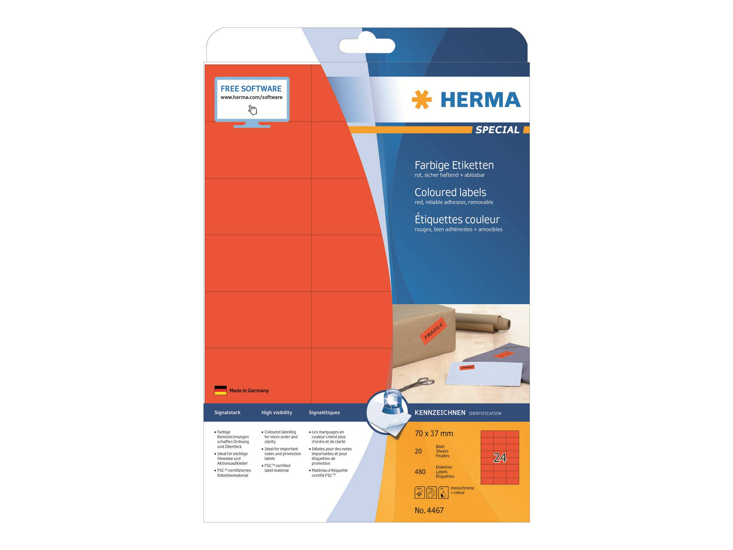 HERMA Etiketten A4 rot 70x37 mm Papier matt 480 St. - 4467