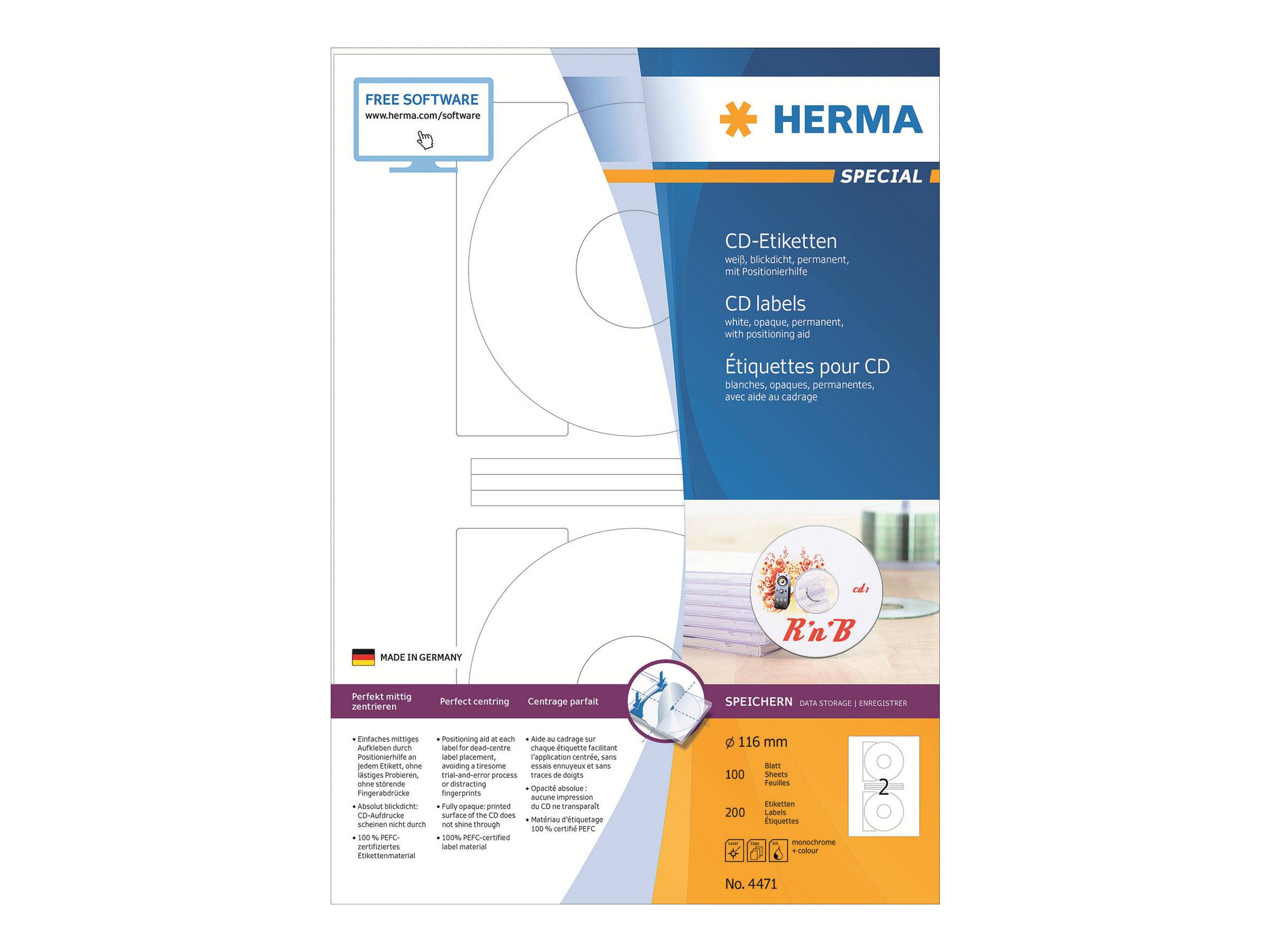 HERMA CD-Etiketten A4 weiß 116 mm Papier opak 200 St. - 4471