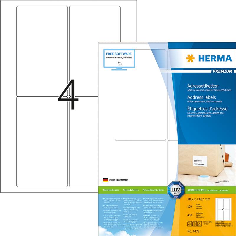 HERMA Adressetiketten A4 weiß 78,7x139,7 mm Papier 400 St. - 4472