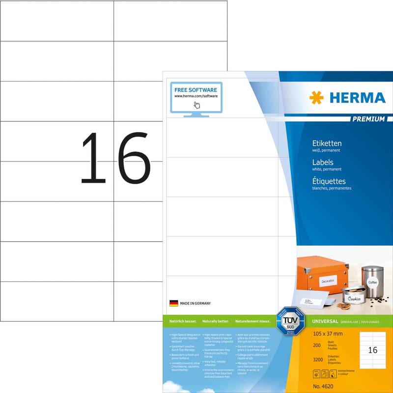 HERMA Etiketten Premium A4 weiß 105x37 mm Papier 3200 St. - 4620