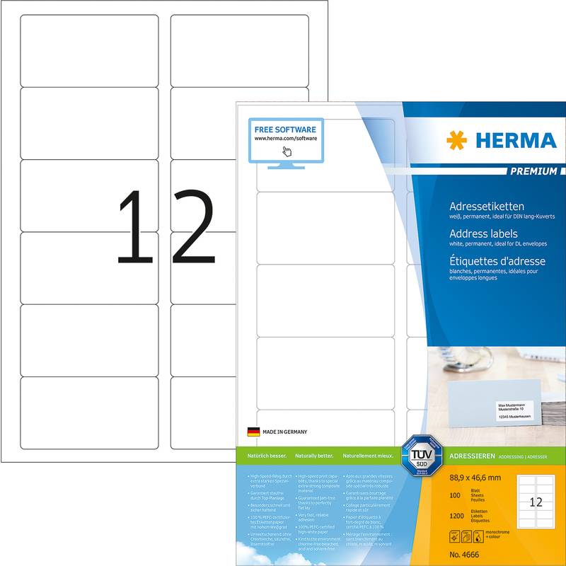 HERMA Adressetiketten A4 weiß 88,9x46,6 mm Papier 1200 St. - 4666