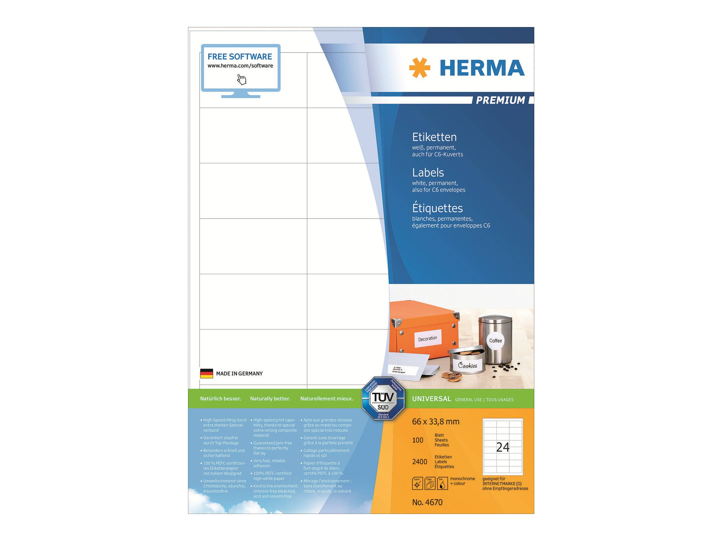 HERMA Etiketten Premium A4 weiß 66x33,8 mm Papier 2400 St. - 4670