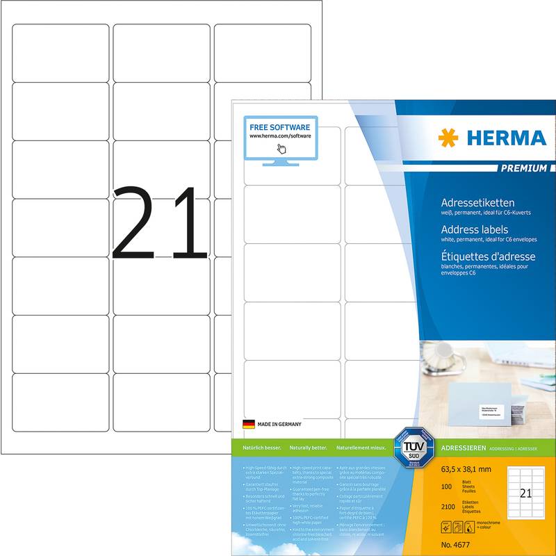 HERMA Adressetiketten A4 weiß 63,5x38,1 mm Papier 2100 St. - 4677