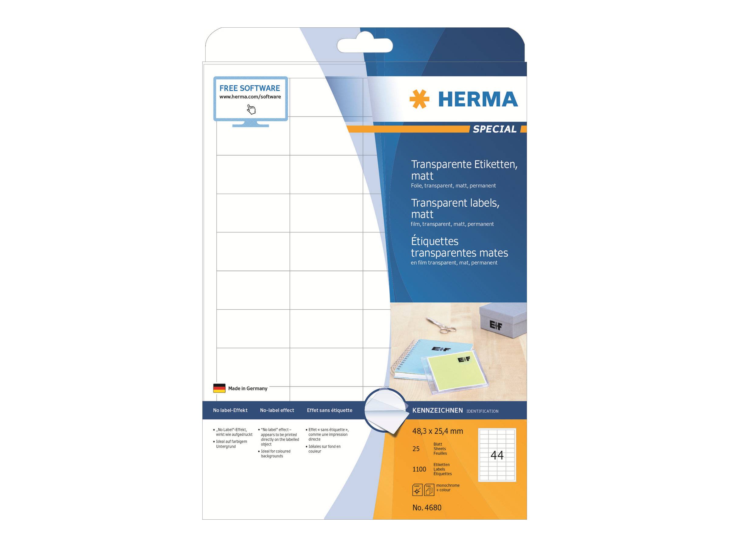 HERMA Etiketten transp. matt A4 48,3x25,4 mm Folie 1100 St. - 4680