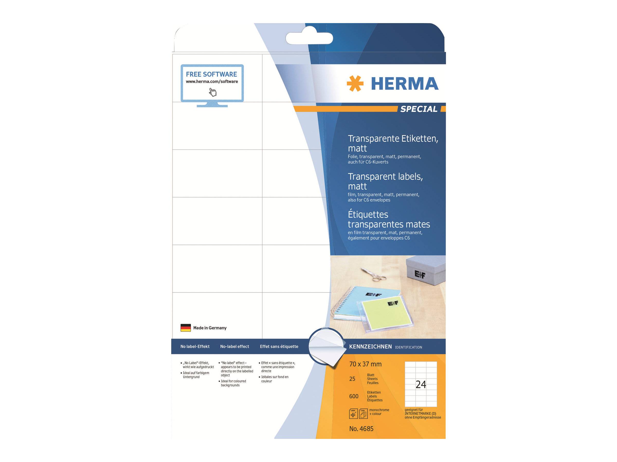 HERMA Etiketten transp. matt A4 70x37 mm Folie 600 St. - 4685