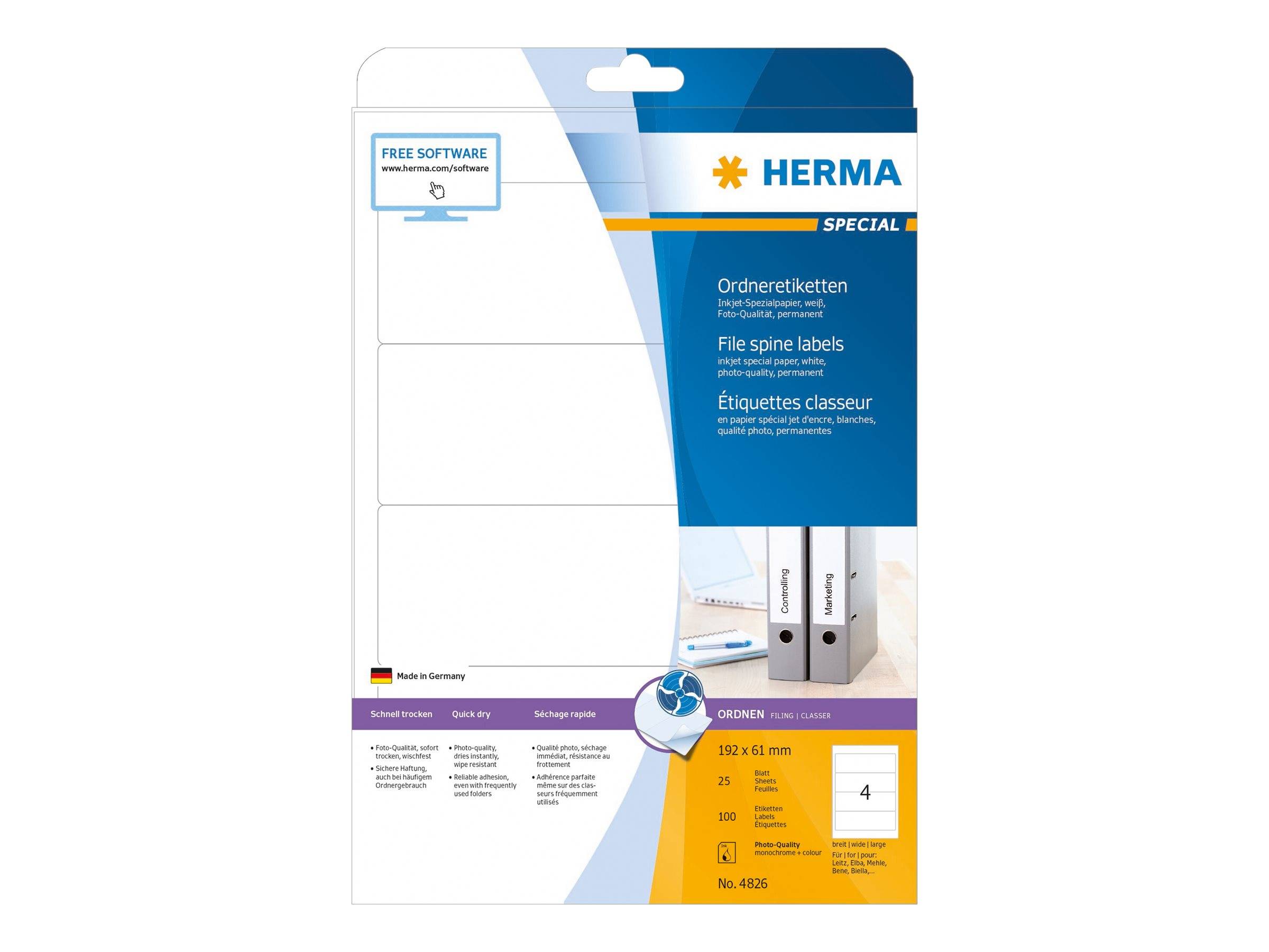 HERMA Inkjet Ordneretik. A4 weiß 192x61 mm Papier 100 St. - 4826