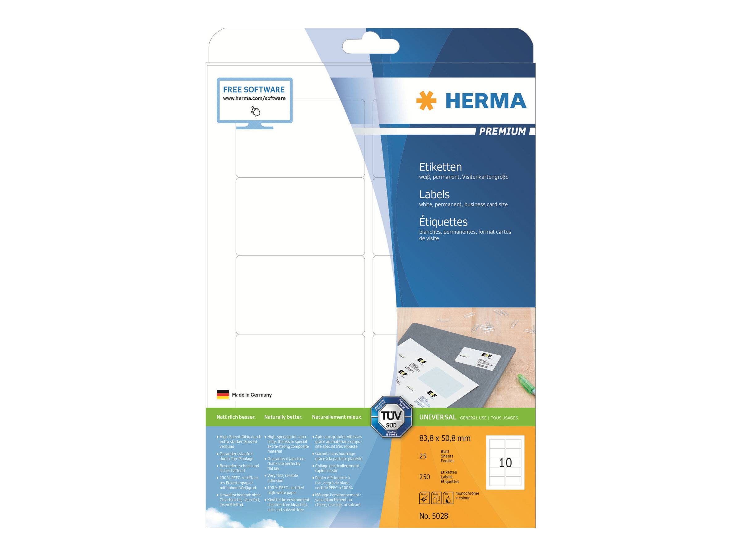 HERMA Etiketten Premium A4 weiß 83,8x50,8 mm Papier 250 St. - 5028