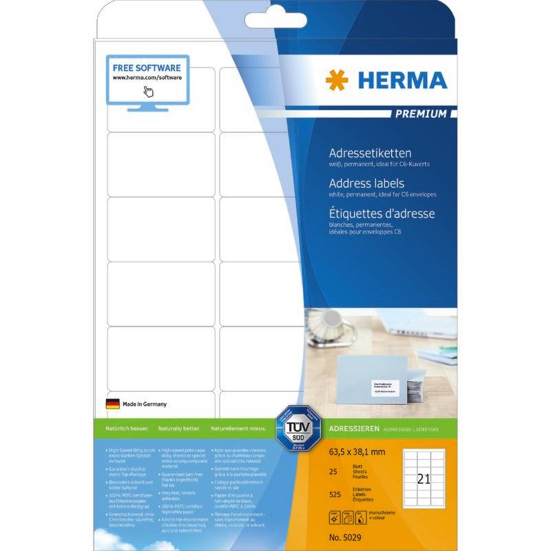 HERMA Adressetik. A4 weiß 63,5x38,1 mm Papier 525 St. - 5029