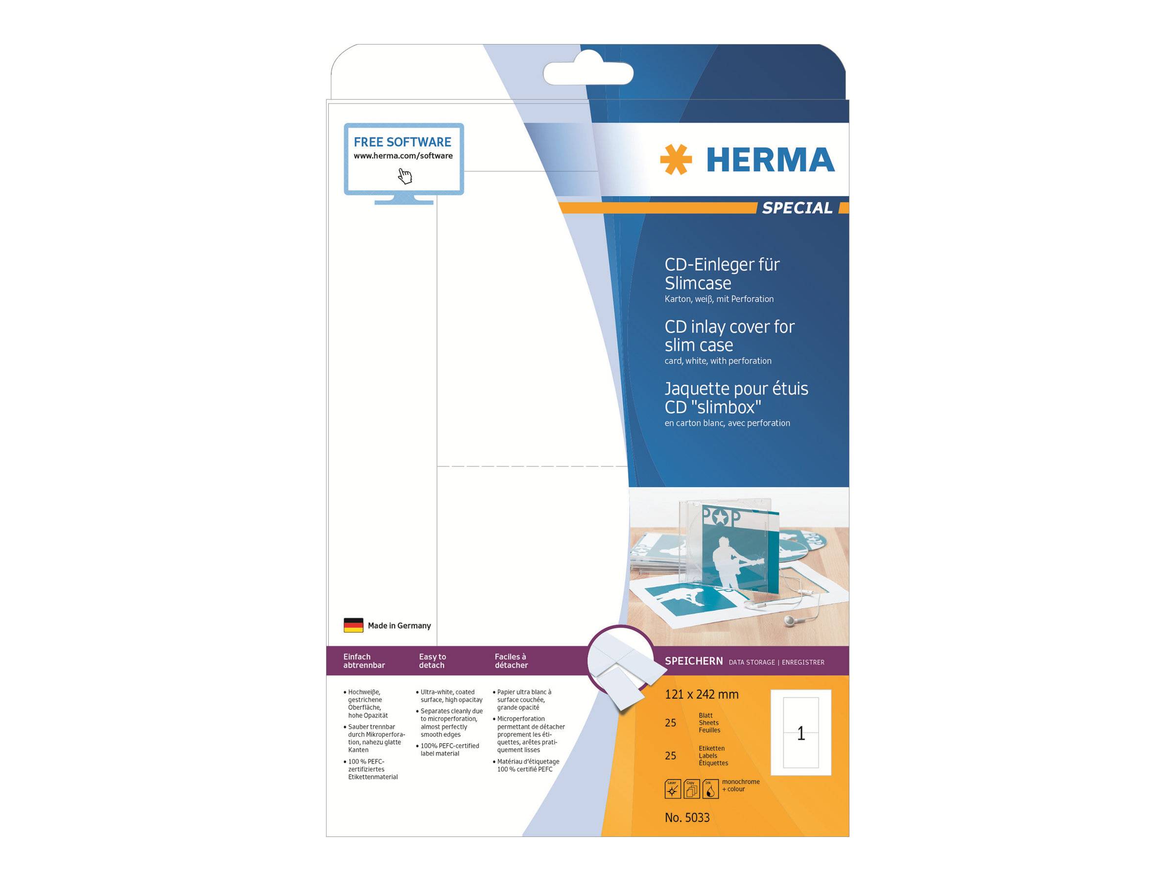 HERMA CD-Einleger A4 weiß 121x242 mm nicht klebend 25 St. - 5033