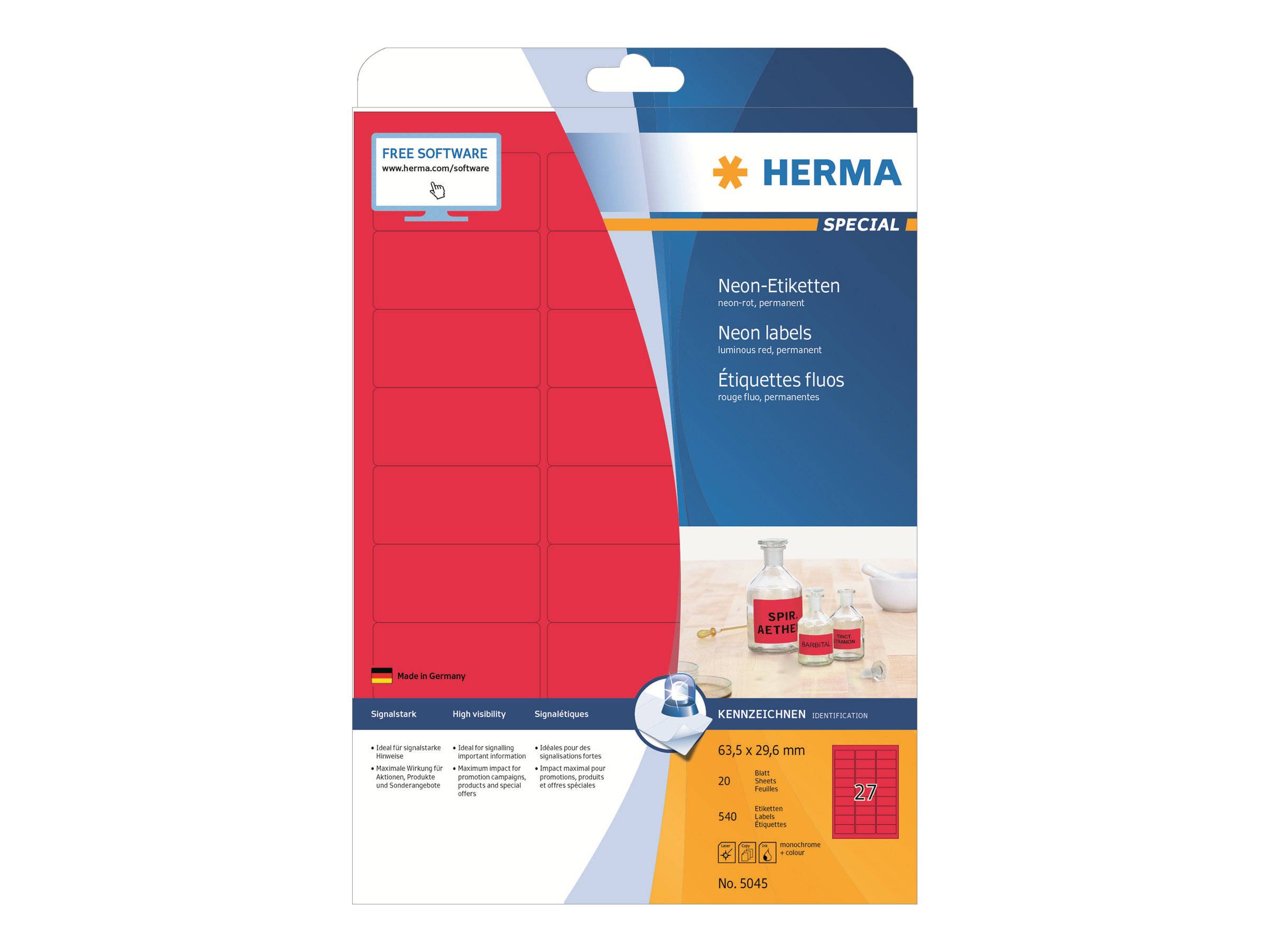 HERMA Etiketten A4 neon-rot 63,5x29,6 mm Papier matt 540 St. - 5045