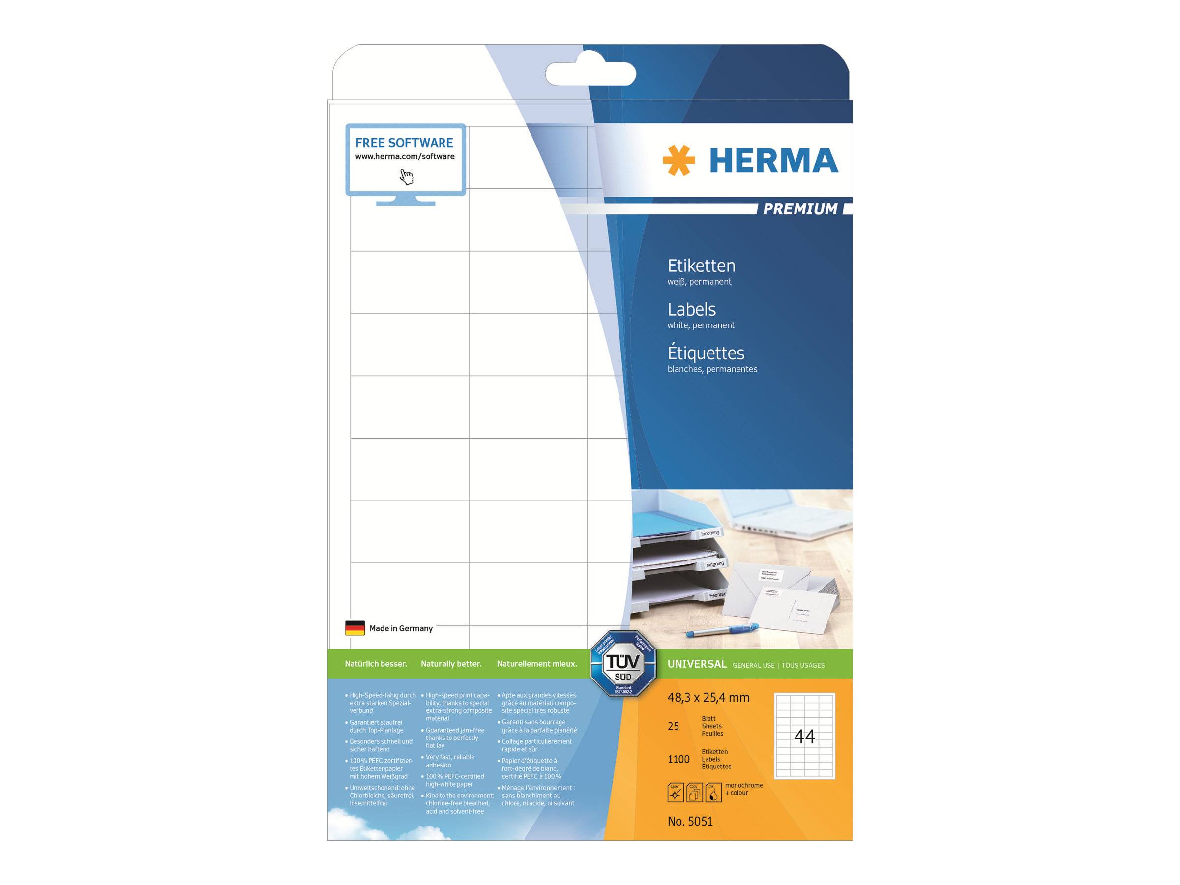 HERMA Etiketten A4 weiß 48,3x25,4 mm Papier matt 1100 St. - 5051