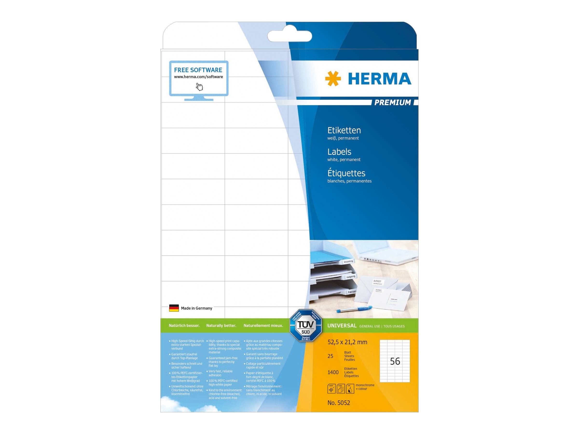 HERMA Etiketten A4 weiß 52,5x21,2 mm Papier matt 1400 St. - 5052